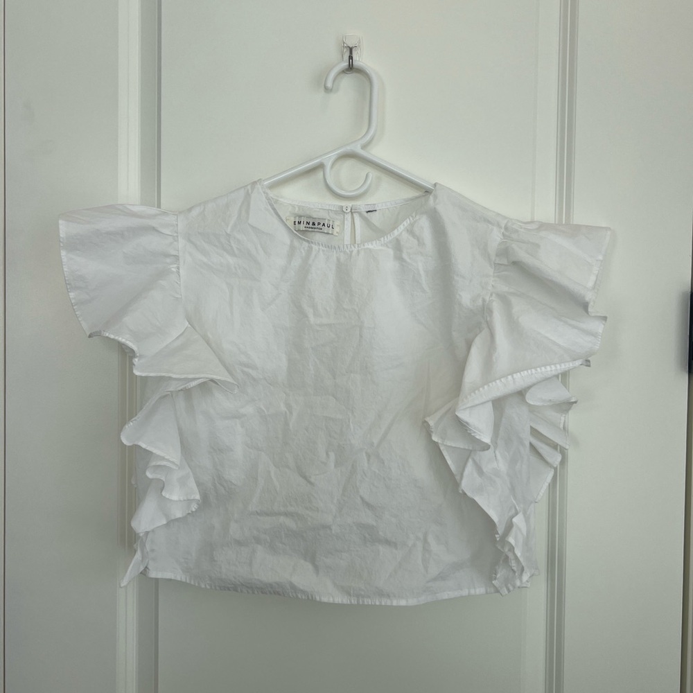 Emin + Paul White Ruffle Sleeve Crop Top Runway Sample Xs 100% Cotton View 2